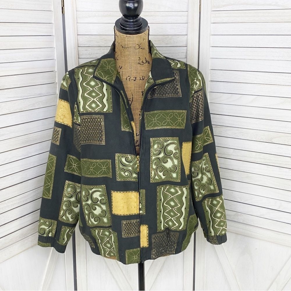 Vtg Drapers & Damons Petite Mosaic Tile Print Microfiber Bomber Jacket Black PM